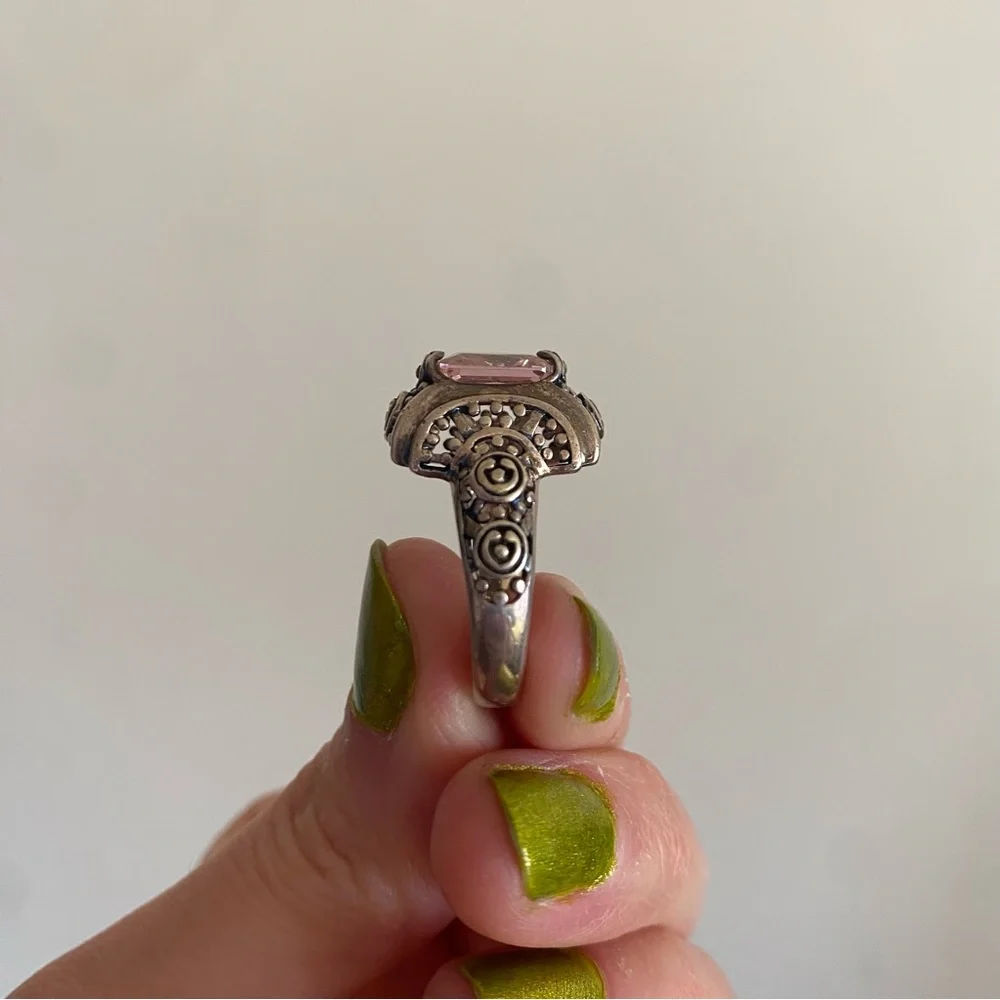 Silver Tone Ornate Band Ring with Light Pink Stone - Picture 2 of 5